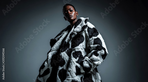 Fashion model wearing oversized black and white cow print faux fur coat poses dramatically against a dark background, showcasing contemporary style and bold design elements