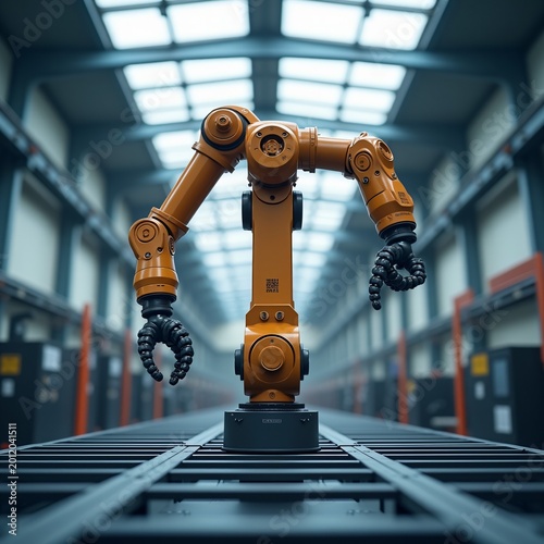 Orange industrial robotic arm in modern factory with skylights