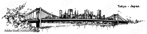 Tableau sur toile Tokyo Japan cityscape with Rainbow Bridge over the bay