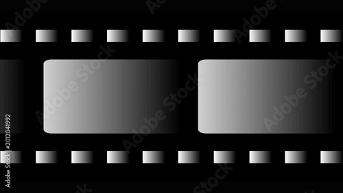 Scrolling horizontal 35mm film strip animation with grey gradient frames on a black background, cinema production, movie industry, or video editing