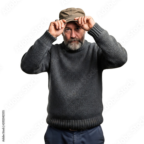 Mature Man in Cap and Sweater Isolated on White Background, Confident Pose