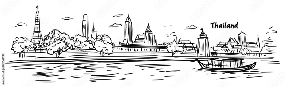 Naklejka premium Bangkok Thailand cityscape with temples and a boat on the Chao Phraya river. Hand drawn vector sketch