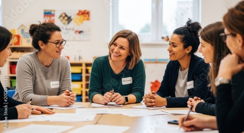Women in collaborative meeting around table in classroom setting for training background and teamwork workshop banner design