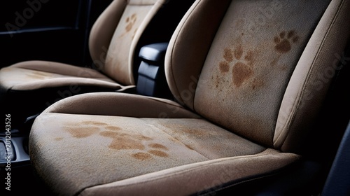 Dirty muddy paw prints across fabric car seat upholstery, close up of pet tracks and stains in vehicle interior signaling mess, cleanup and detailing needed after travel