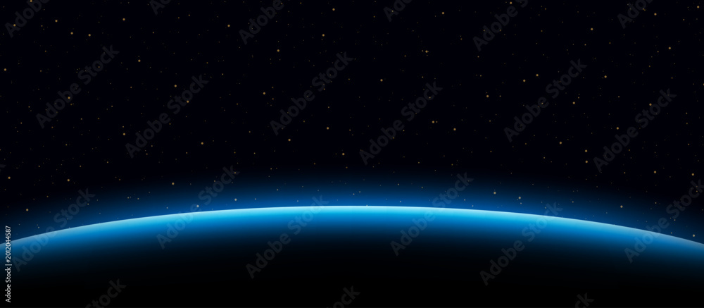 Fototapeta premium Blue glowing planet horizon in deep space abstract concept. Astrology horizontal star universe background. Cosmos, galaxy deep space concept. Vector illustration