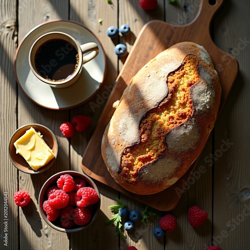 Morning breakfast with fresh bread, coffee, berries, butter on wood