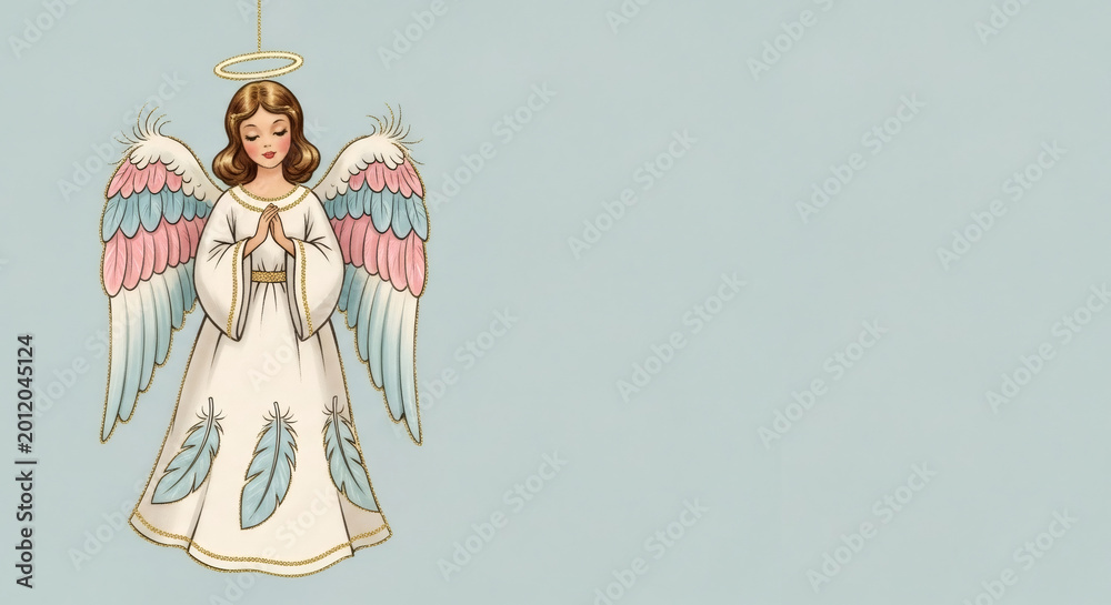 Naklejka premium Woman praying angel in white dress with colorful wings and halo, a religious illustration for Christmas and spiritual concepts.