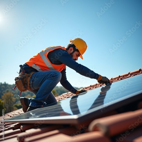 Worker Installing Solar Panels on Sunny Rooftop
