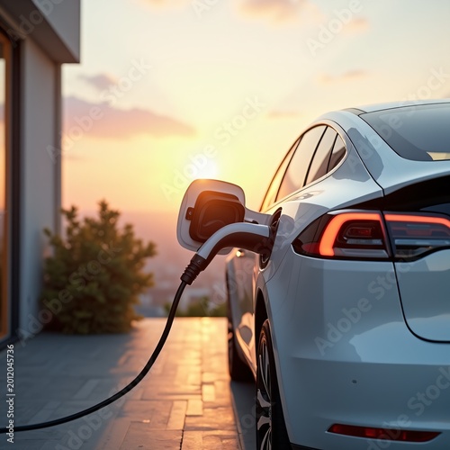 Electric vehicle charging at home sunrise, in studio, modern rule-o...