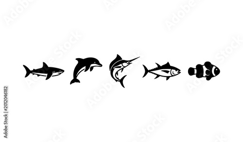 Tableau sur toile Marine animal icon set with shark tuna clownfish dolphin and marlin in solid bla