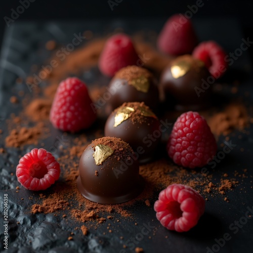 Gourmet chocolate truffles with gold leaf and fresh raspberries on dark surface