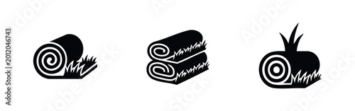 Foto Set of three black icons illustrating sod and lawn turf rolls for gardening, landscaping services, and yard maintenance design projects