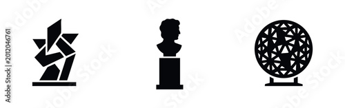 Foto Collection of three minimalist black silhouette icons representing abstract art, a classical bust, and a geometric geodesic sphere sculpture