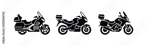Tableau sur toile Set of three black silhouette icons of touring and adventure motorcycles on a white background, perfect for travel and transportation designs