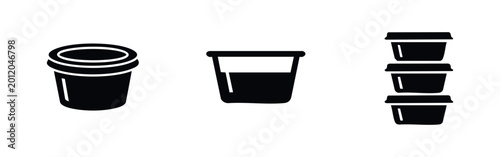 Canvastavla Set of black icons representing plastic food containers, sauce cups, and stacked storage tubs with lids, isolated on a white background