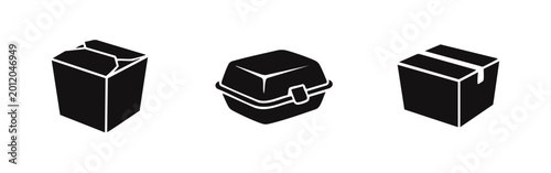 Foto Vector set of black food packaging silhouettes: a noodle box, a clamshell burger container, and a rectangular takeout box, isolated on white