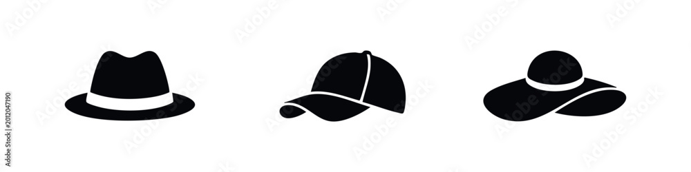 Fototapeta premium Set of three black hat silhouettes: a classic fedora, a sporty baseball cap, and an elegant wide-brimmed sun hat. Minimalist vector icons.