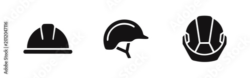 Quadro su tela Set of industrial safety helmet icons in solid black, featuring side, front, and top views for construction, site work, and head protection design