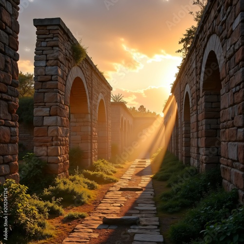 Ancient stone arches and path illuminated by golden sun rays at sunset.