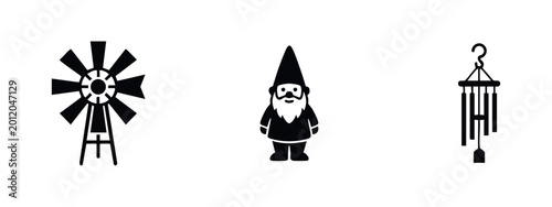 Foto Minimalist black silhouette icons of garden decorations featuring a windmill, a gnome, and wind chimes, isolated on a white background