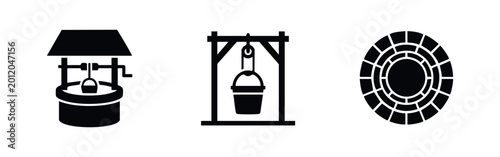 Photos A set of three minimalist black icons representing traditional water wells, including a wishing well, a pulley with a bucket, and a top-down view