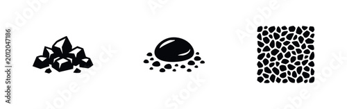 Cuadro en lienzo Set of three minimalist black icons showing crushed stone, a large pebble with sand, and a repeating gravel texture on a white background