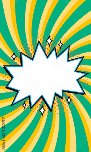 starburst comic banner with copy space on green and yellow spiral background ...