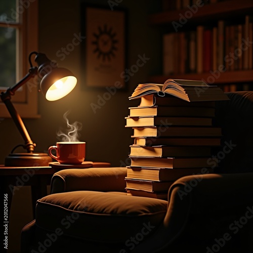 Cozy reading nook with stack of books, steaming mug, and warm lamp light