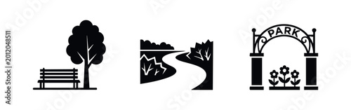 Foto Set of three minimalist black and white park icons featuring a bench and tree, a winding garden path, and an ornate park entrance gate with flowers