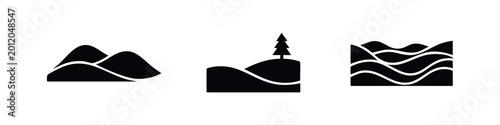 Foto A set of minimalist black vector icons depicting rolling hills, mountain ranges, and a single pine tree, perfect for clean landscape design