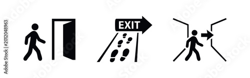 Φωτογραφία Minimalist black exit icon set showing a figure walking through a door, directional footprints, and wayfinding arrows on a white background