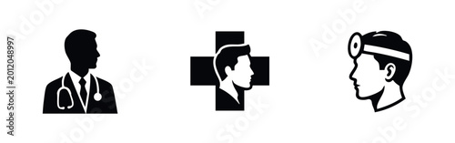 Konstfotografi Set of minimalist black medical icons featuring a doctor with a stethoscope, a healthcare cross profile, and a specialist with a frontal mirror
