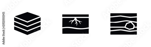 фотографія Set of three minimalist black icons representing earth layers, soil cross-sections with roots and rocks, ideal for geology and nature design