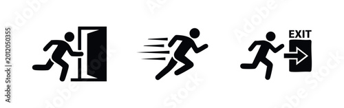 Konstfotografi Vector set of emergency exit icons featuring a running stick figure, open door, motion lines, and directional arrows for fire safety and evacuation