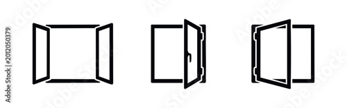 Cuadro en lienzo A set of minimalist black line icons depicting various open window styles, including double and single casement designs on a white background