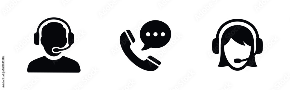 Εκτύπωση καμβά Set of flat black icons for customer service, featuring male and female call center agents with headsets and a telephone support symbol