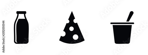 Set of minimalist black dairy icons featuring a milk bottle, cheese slice with holes, and a yogurt cup with a spoon on a white background.