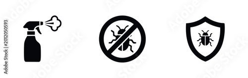 Quadro su tela Black pest control icons including insecticide spray bottle, no insects sign, and bug protection shield isolated on a white background