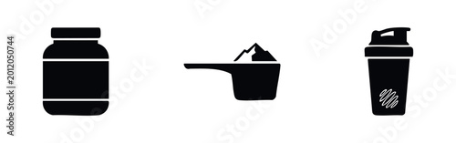 Obraz na plátně Set of minimalist black icons including a supplement jar, a measuring scoop with powder, and a protein shaker bottle, isolated on white