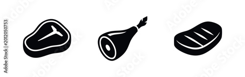 Картината върху платно Set of three minimalist black meat icons featuring a T-bone steak, a leg of ham, and a grilled fillet, isolated on a white background