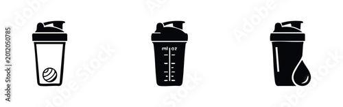 Fotografía Minimalist black and white icons of protein shaker bottles with mixing ball, measurement markings, and a water drop for fitness and gym
