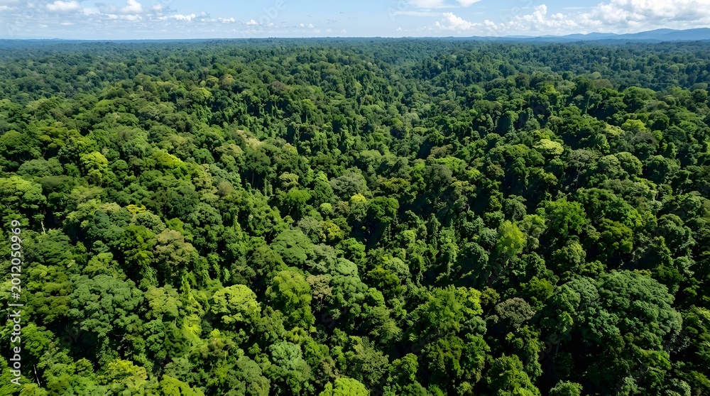 Fototapeta premium Aerial view of lush green rainforest canopy and distant mountains abstract background
