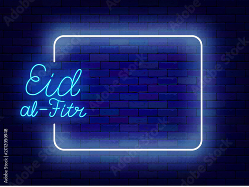 Eid al Fitr. Ramadan kareem neon flyer. Islamic holiday. Empty frame with lettering. Iftar dinner. Light advertising. Copy space. Editable stroke. Vector stock illustration