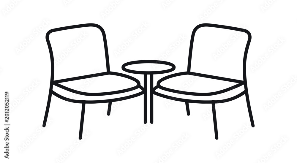 Fototapeta premium Two chairs with small round table icon. seating, lounge, waiting area, cafe, conversation, hospitality, meeting spot. line vector illustration.