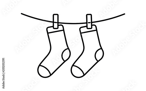 Simple outline of two socks pegged to a clothesline with clothespins, a minimal icon for drying, laundry services, or air-dry instructions.