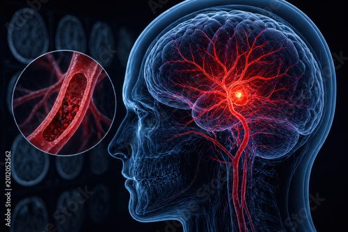 Ischemic stroke illustration, brain blood clot and artery blockage medical visualization