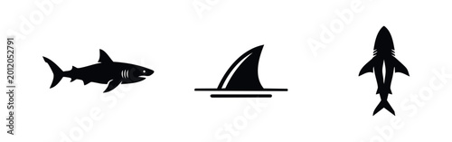 Valokuva A minimalist set of black shark icons, including a side profile, dorsal fin above water, and a top-down view, isolated on a white background