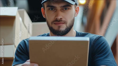 A man with a beard and mustache working in a warehouse environment, looking at a tablet computer screen.