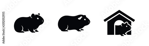 Tableau sur toile Set of three black guinea pig silhouette icons on white background, featuring various poses and a cavy in its small house hideout