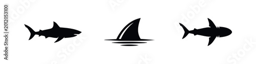 Foto Minimalist black silhouettes of sharks and a shark fin above water, isolated on a white background